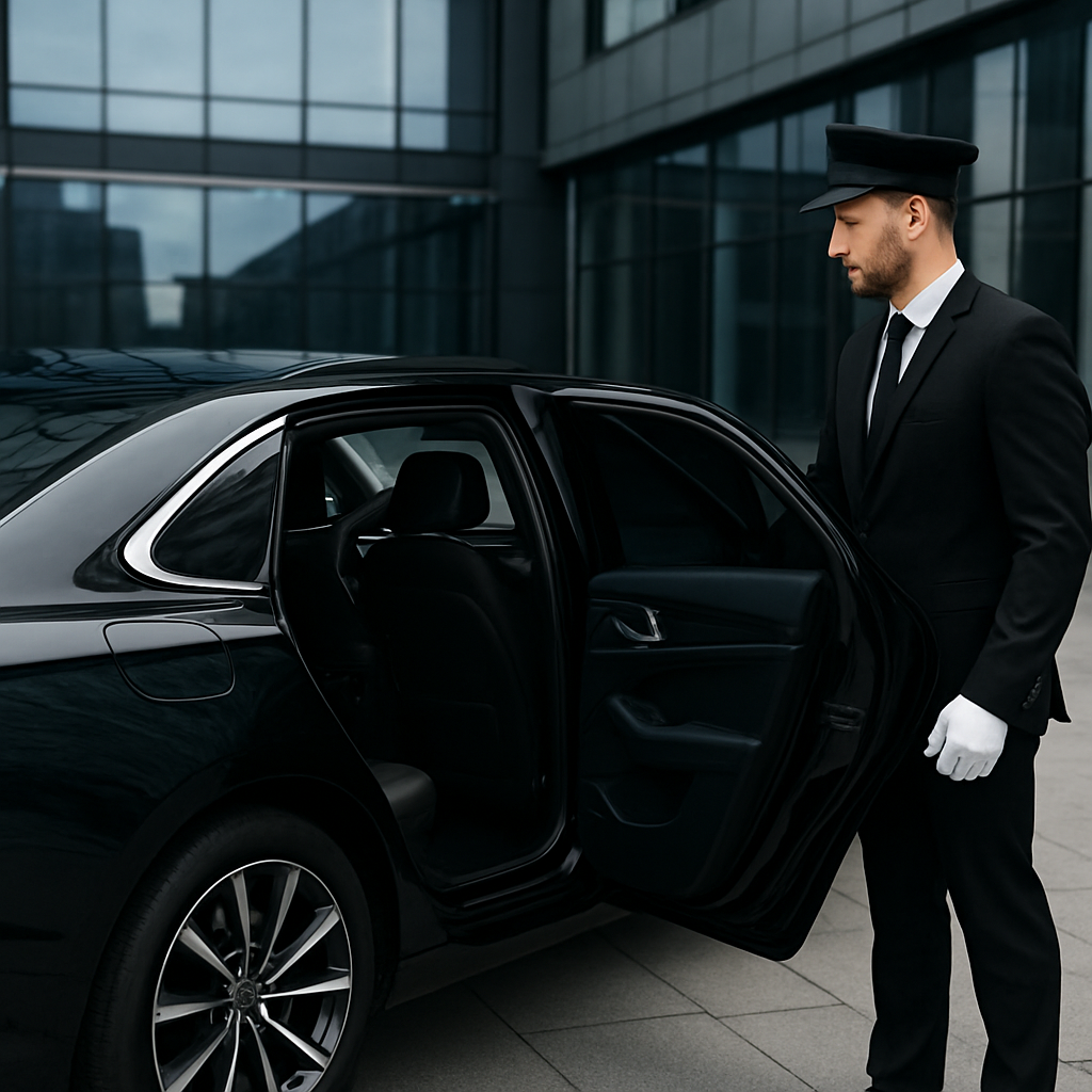Professional chauffeur opening the door of a premium sedan