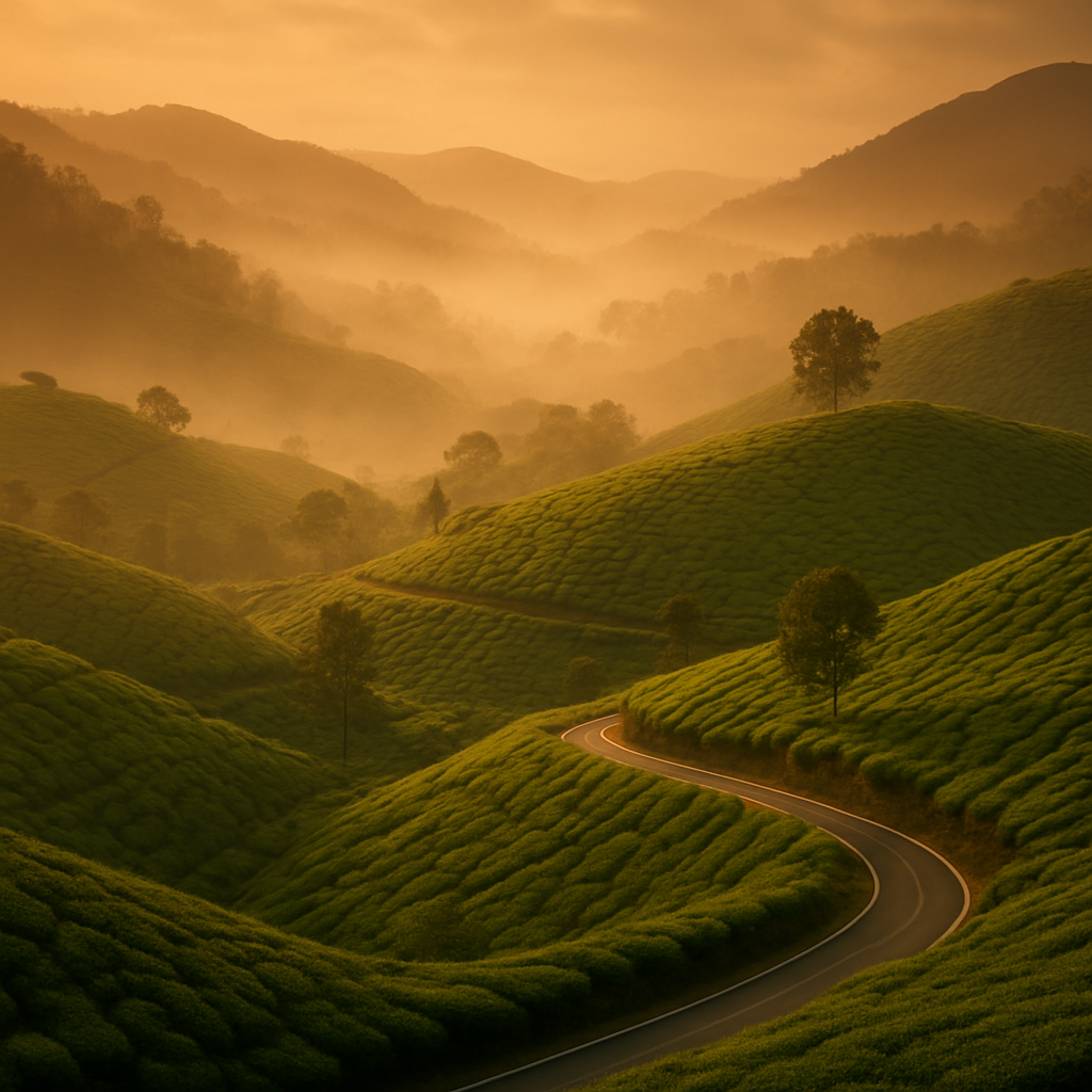 Misty tea plantations of Munnar, Kerala at golden hour